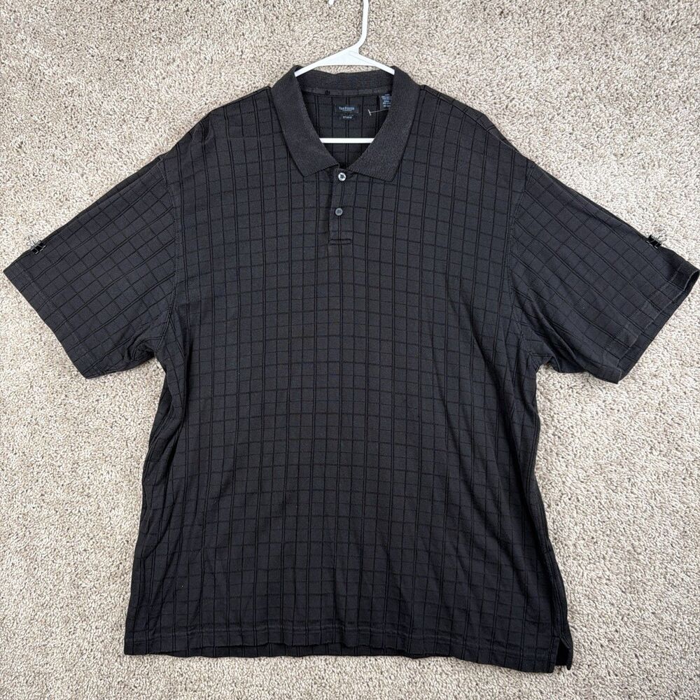 Van Heusen Studio Polo Shirt Mens 2XL XXL Short Sleeve Black Check Casual